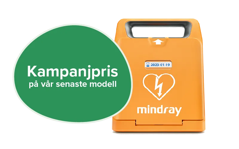 Hjärtstartare i gul färg med ett vitt hjärta från varumärket mindray. En grön etikett med texten kampanjpris på vår senaste modell.