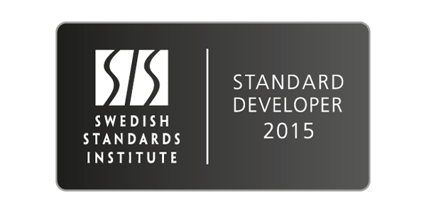 Gråtonad skylt med vit text som säger Swedish Standards Institute och Standard developer 2015.